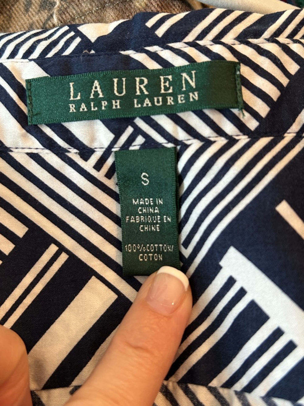 Lauren Ralph Lauren Sz S Navy and White Graphic Print 3/4 Sleeve Button-Up Shirt - Picture 4 of 5